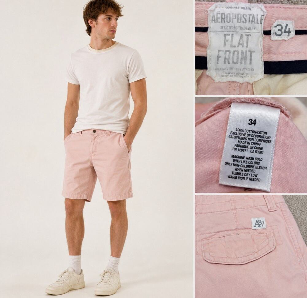 Y2K 2000s Aeropostale Men's Flat Front Chino Shorts Size 34 Pink Preppy Classic